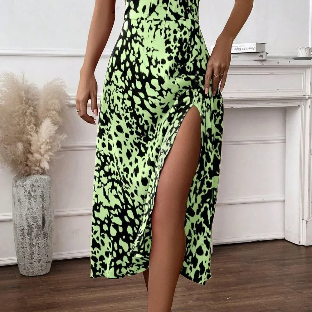 Multicolor Casual Women's High Slit Waist-Cinched Allover Print Cami Dress